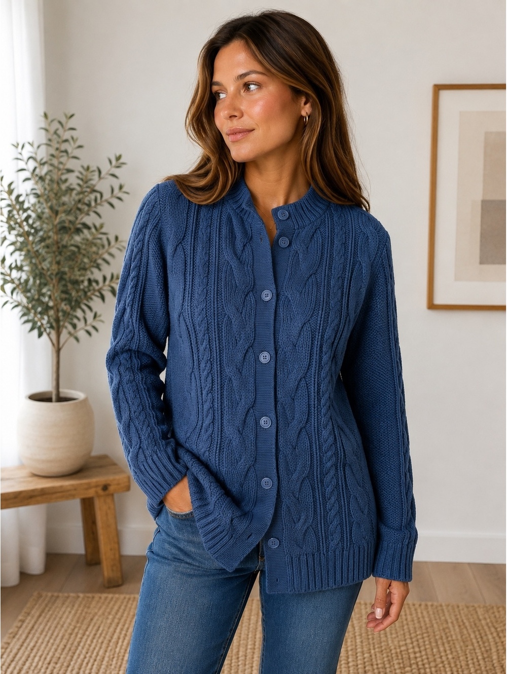 L.L.Bean Women’s L Cable Knit Cardigan Sweater Navy Blue Cotton Button Front